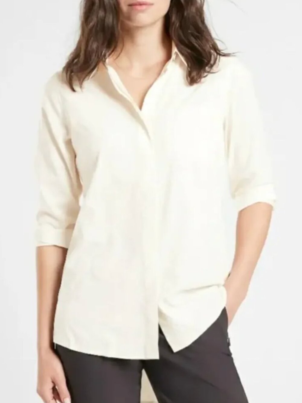 ATHLETA Urbanite Textured Tide Stripe Sea Salt Button Up Long Sleeve Top - M
